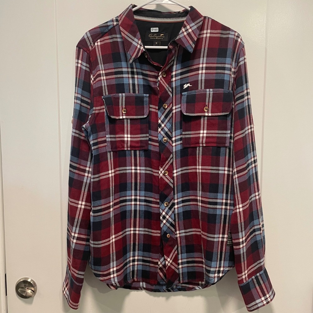 A. Tiziano Mens Plaid Button Down Shirt Burgundy Blue Long Sleeve Cotton Size M